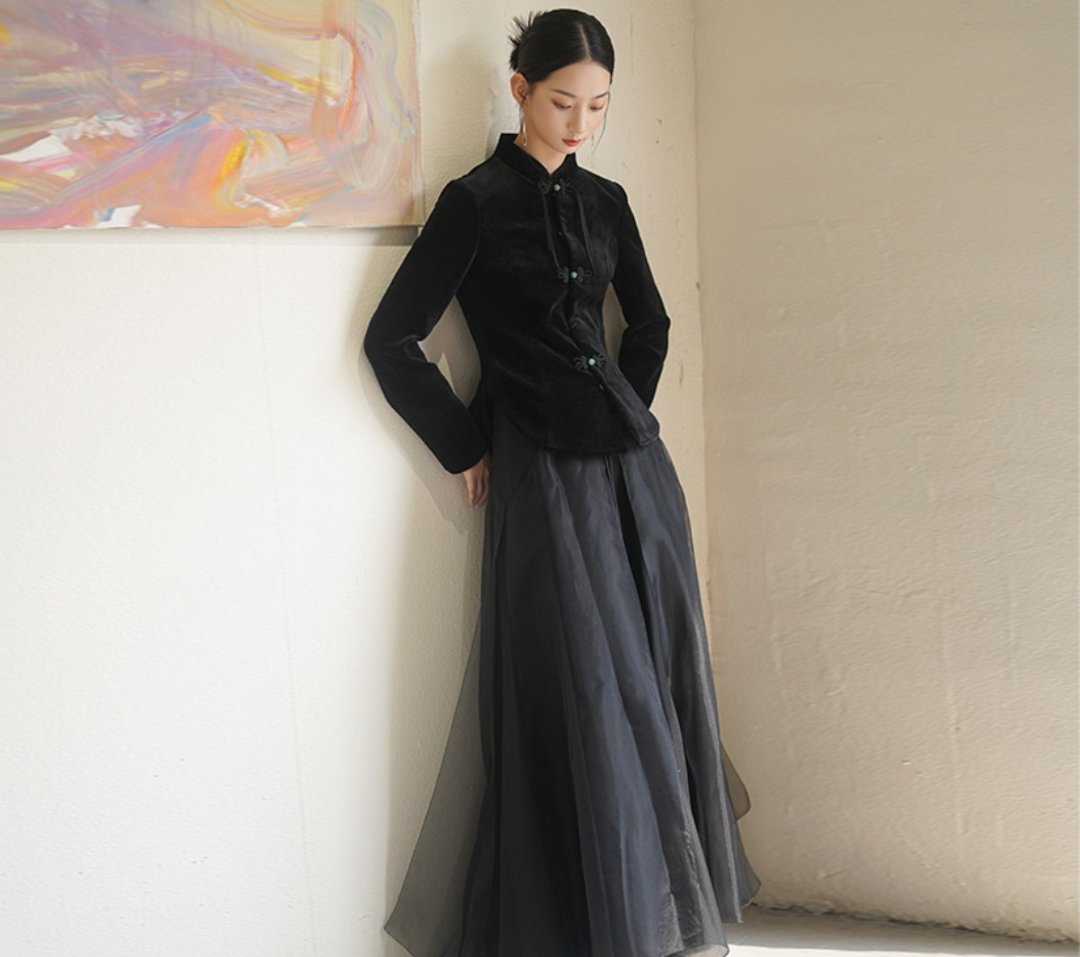新中式 改良唐装汉服复古盘扣修身显瘦 - 女装上衣 - 其他材质 黑色