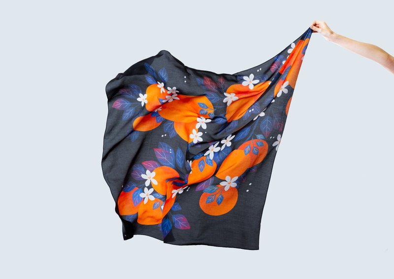 Sweet Citrus (Black) Tencel Silk Scarf. Pure Silk. Collaboration with Maggie - 丝巾 - 丝．绢 黑色
