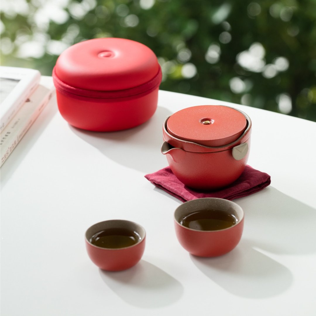 【礼物首选】陆宝 心心相印 一壶两杯 + 便携袋 旅行茶具 - 茶具/茶杯 - 陶 红色