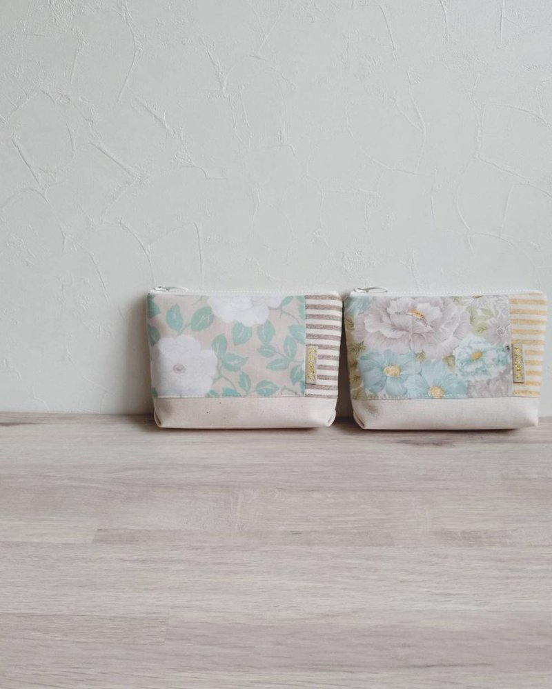 【FZK/万用收纳包(小)】纯白牡丹 花漾锦簇 日本帆布 先染条纹 - 化妆包/杂物包 - 棉．麻 绿色