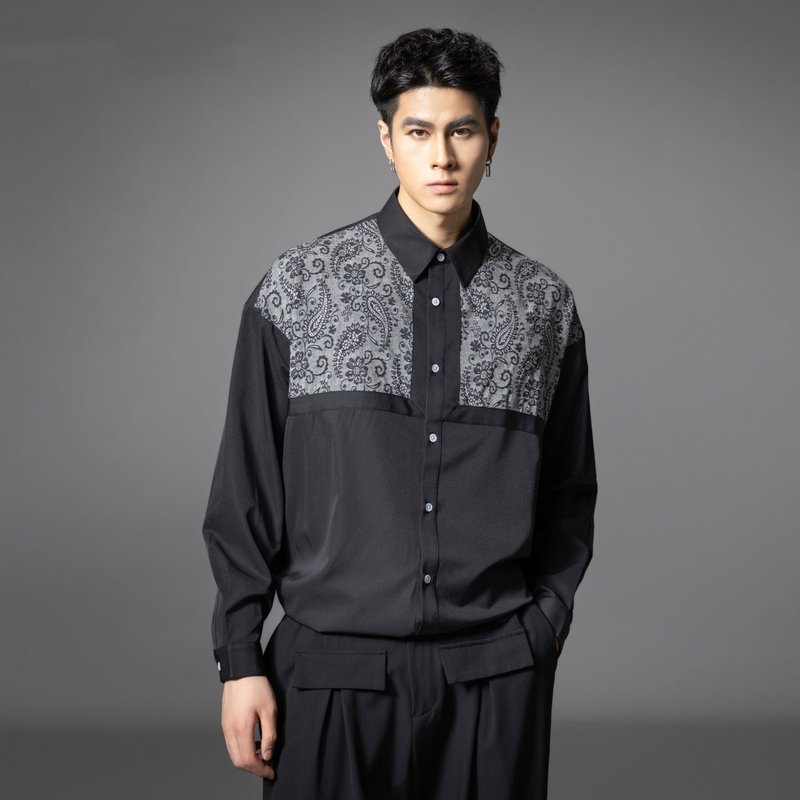 秋季提花拼接衬衣 男士长袖衬衫 - 男装衬衫 - 棉．麻 黑色