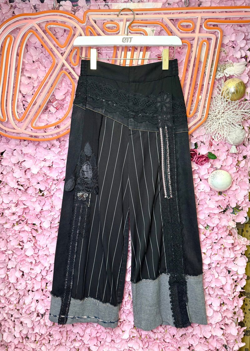 OTT只此1件•日系帅气民族风条子牛仔脚啪钮可开叉阔裤 - 女装长裤 - 棉．麻 黑色