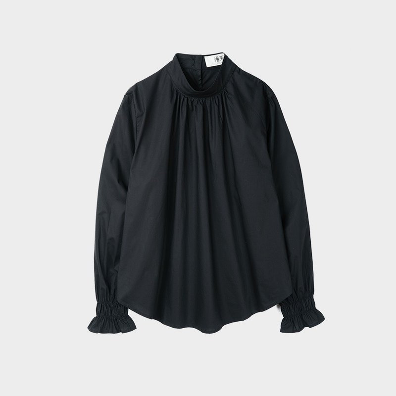 黑色全棉衬衫 半高领后系扣套头衬衫 No.494 - 女装衬衫 - 棉．麻 黑色