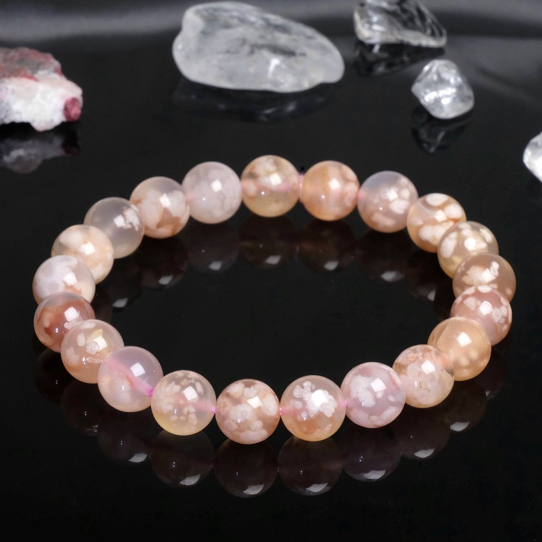 一图一物│#355 9mm 樱花玛瑙水晶手链 疗愈心灵 爱情运 开运饰品 - 手链/手环 - 水晶 粉红色
