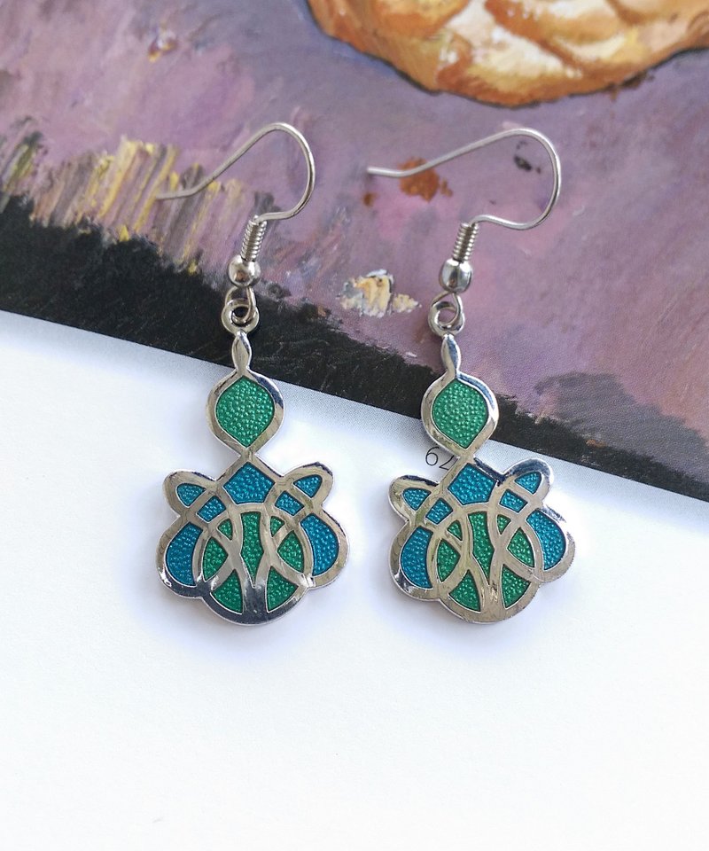 Vintage Jewelry 西洋古董饰品 景泰蓝 蓝绿 流纹 耳勾 针式耳环 - 耳环/耳夹 - 其他金属 金色