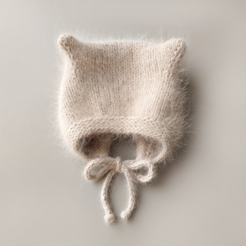 婴儿帽、小猫帽、新生儿帽、新生儿帽、儿童帽、新生儿拍照道具 - 婴儿帽/发带 - 羊毛 咖啡色