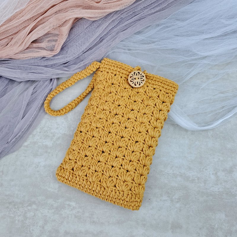 编织手机袋/ 手鈎肩背包/ 鈎织钭背包/ 电话包 (Pattern E) - 侧背包/斜挎包 - 棉．麻 咖啡色