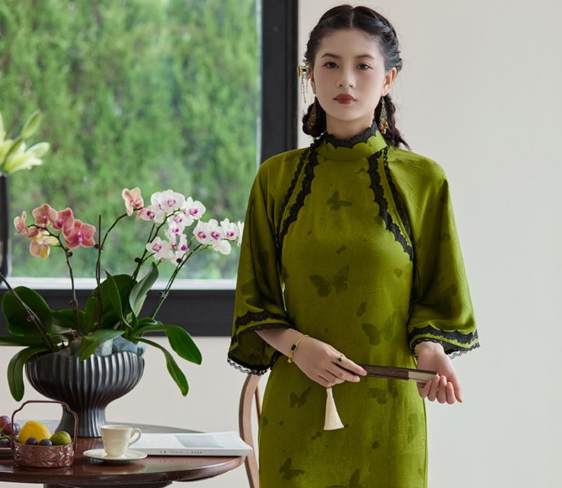【沉碧】 新中式復古/古法倒大袖/开襟筒子领旗袍 - 旗袍 - 其他材质 绿色