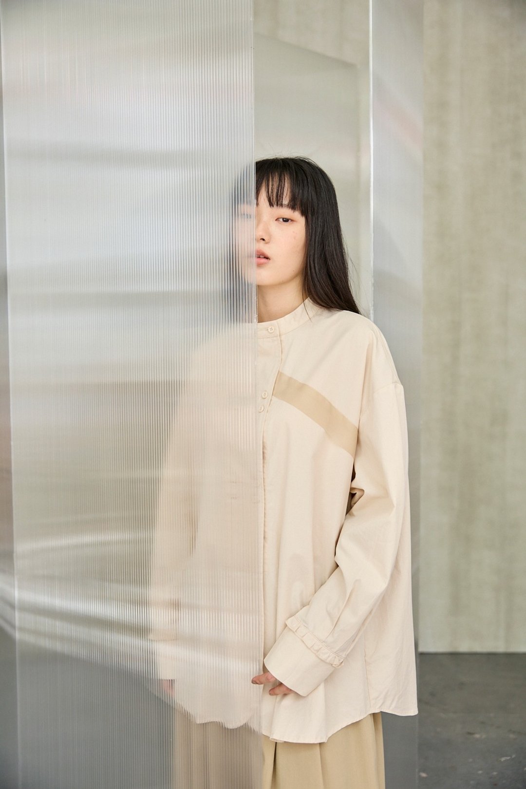 织带拼接无领衬衫 - 女装衬衫 - 棉 