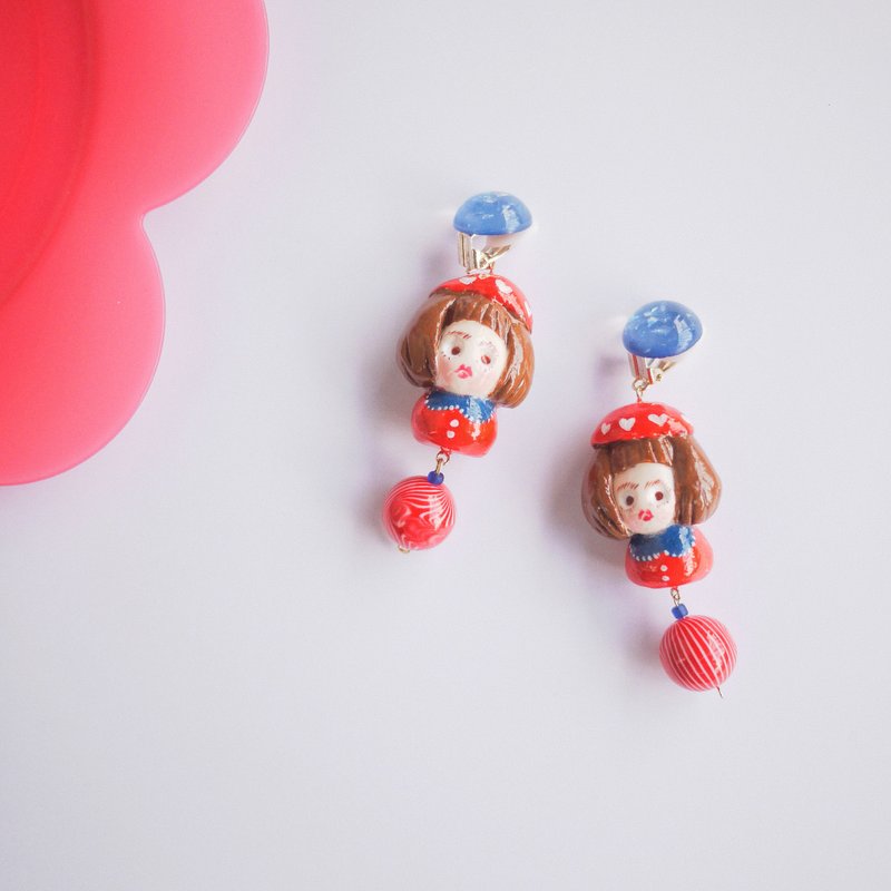 日系 黏土手作 撞色 紅色系耳環耳夾 - 耳环/耳夹 - 粘土 红色