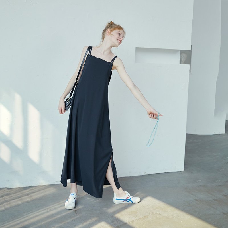 黑色简约细肩带长款吊带裙 - 洋装/连衣裙 - 其他材质 黑色