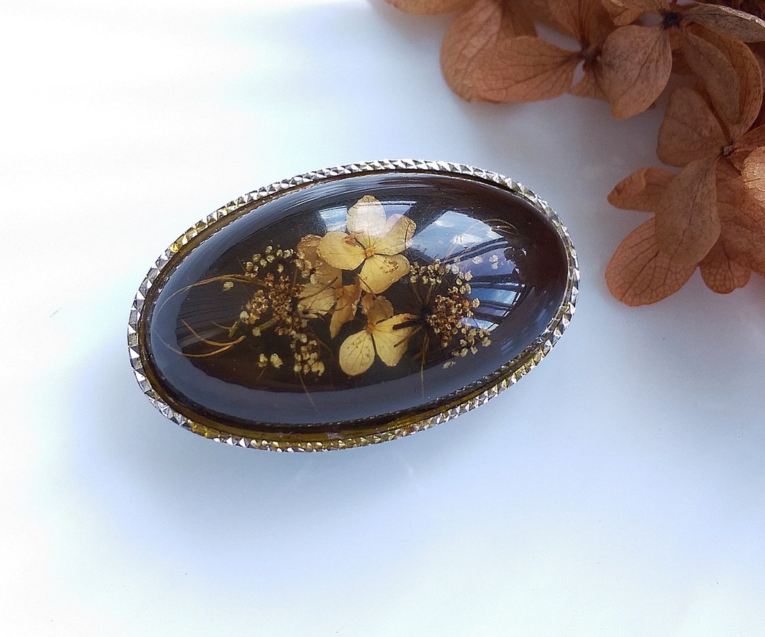 Vintage Jewelry 西洋古董饰品 知性复古 灌胶干燥花 椭圆 别针 - 徽章/别针 - 其他金属 金色