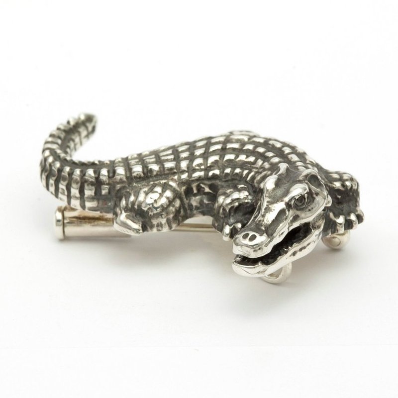 Japan Quality | Pure Silver Broach Crocodile Ag 999 × Black Diamond - 胸针 - 其他金属 银色