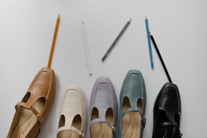 方头玛莉珍 | 台湾手工宽楦牛皮低跟鞋 。白水晶/黄水晶/黑曜石 - 高跟鞋 - 真皮 黑色