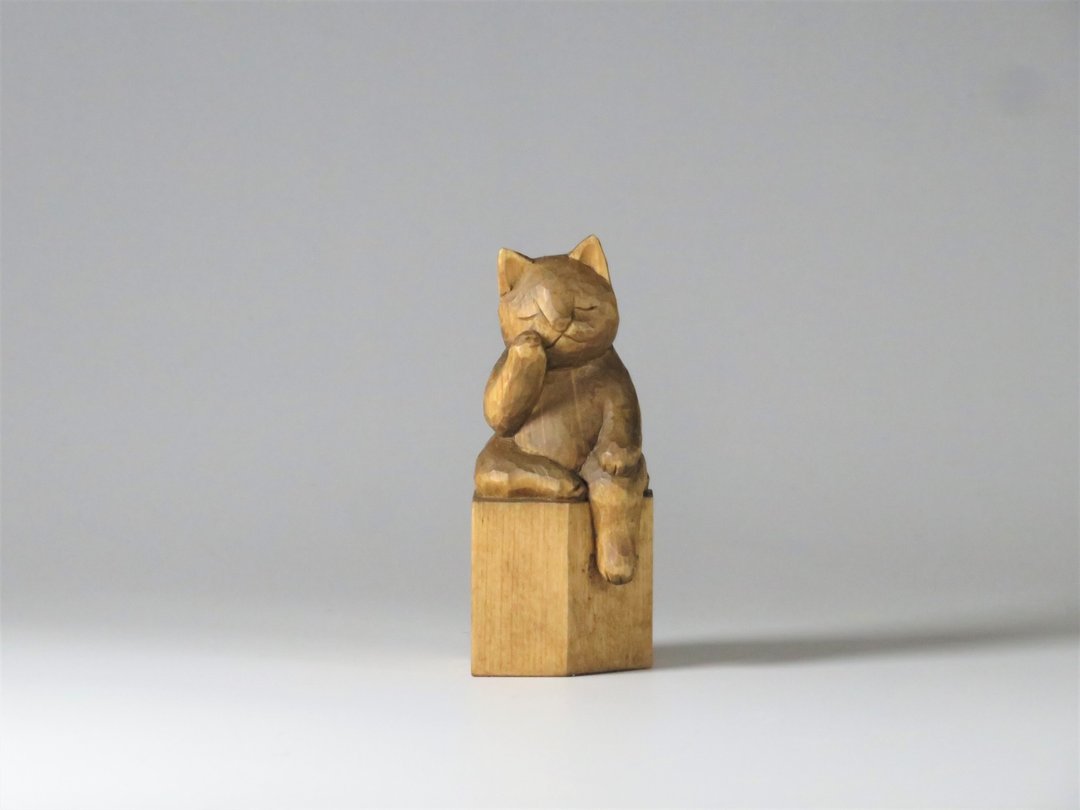 佛系猫咪 弥勒猫 木雕 A1620 - 摆饰 - 木头 咖啡色