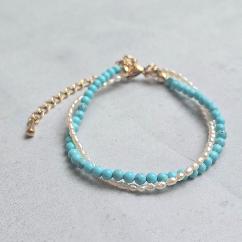 [日本制造] 绿松石 x 淡水珍珠多层手链 – 高品质且防过敏 - 手链/手环 - 珍珠 蓝色