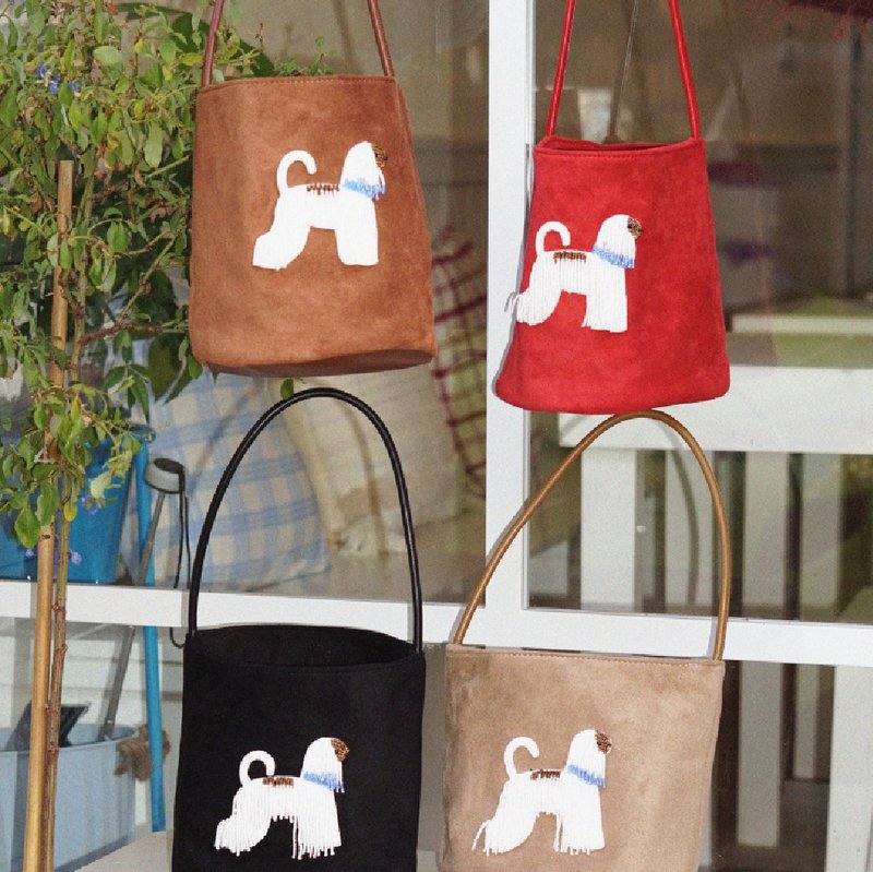 手工串珠小狗手提小号水桶包 仿麂皮绒高级感四季礼物 - 手提包/手提袋 - 人造皮革 