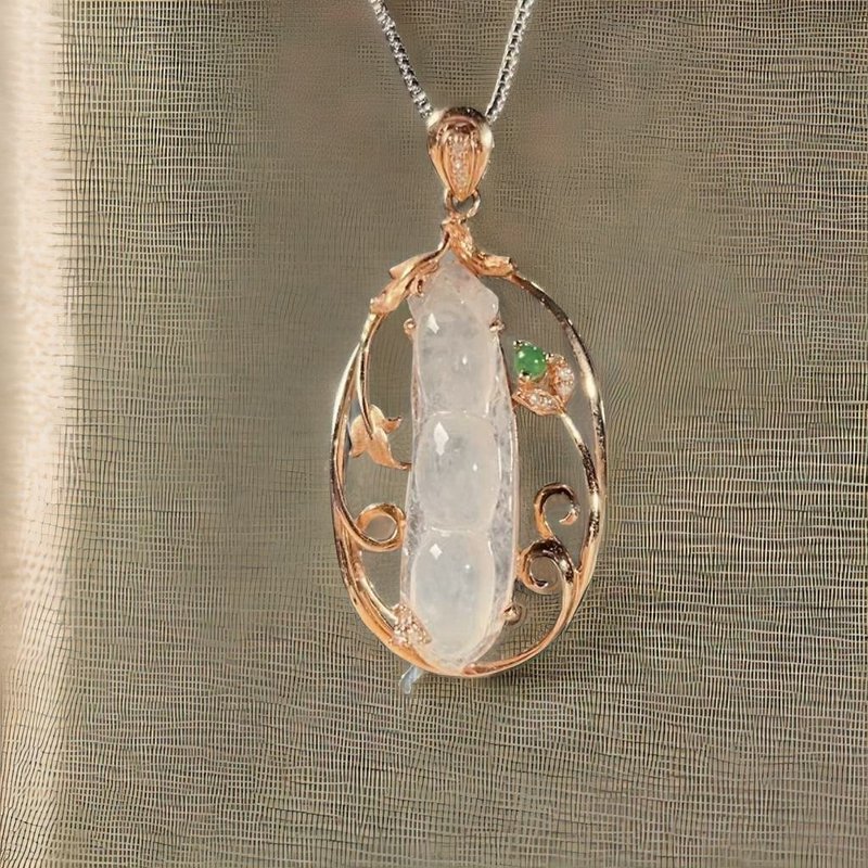 【福寿】冰种翡翠福豆项链 18K金 | 天然缅甸玉A货翡翠 | 送礼 - 项链 - 玉石 透明