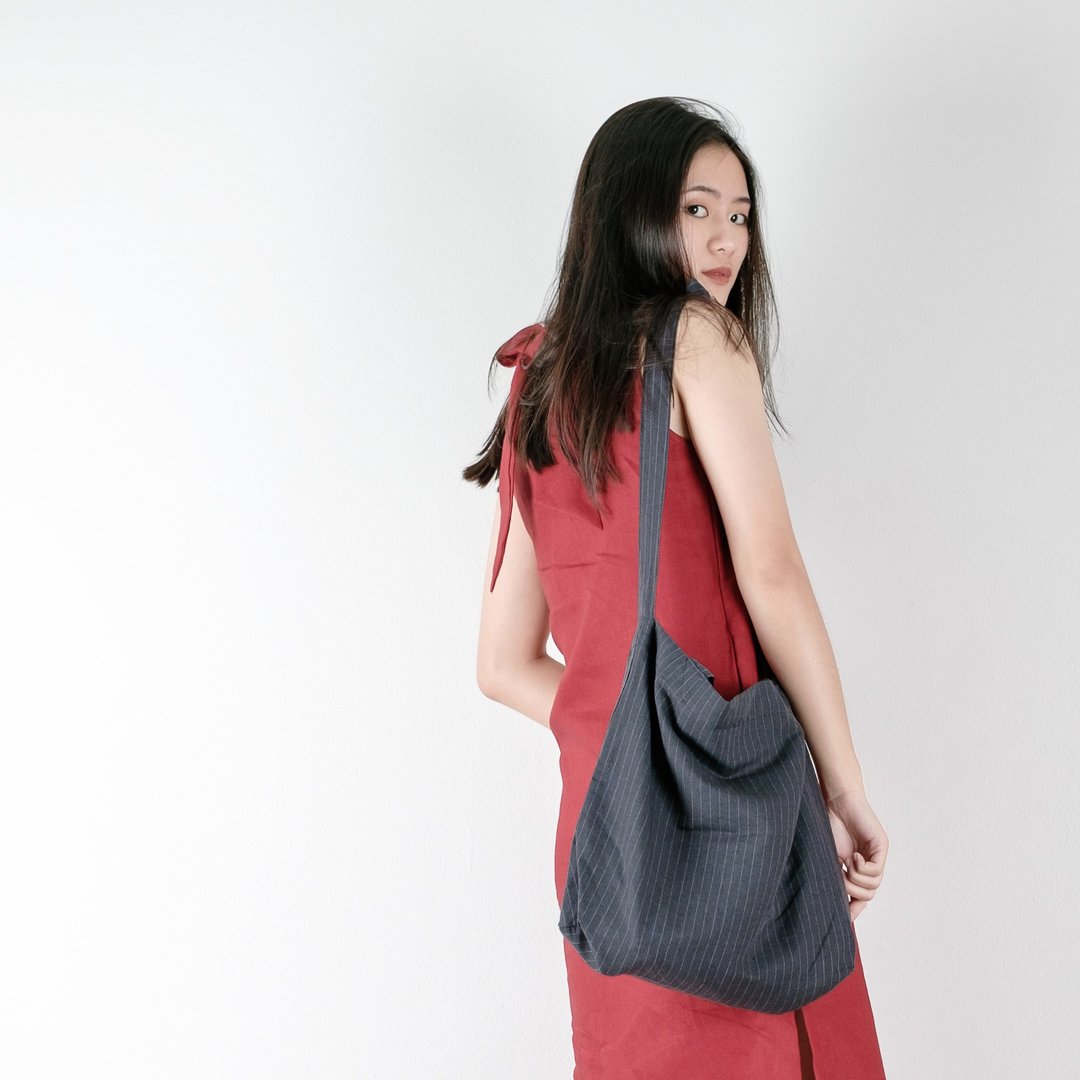 Dark Grey Striped Linen Tote Bag - 后背包/双肩包 - 棉 黑色