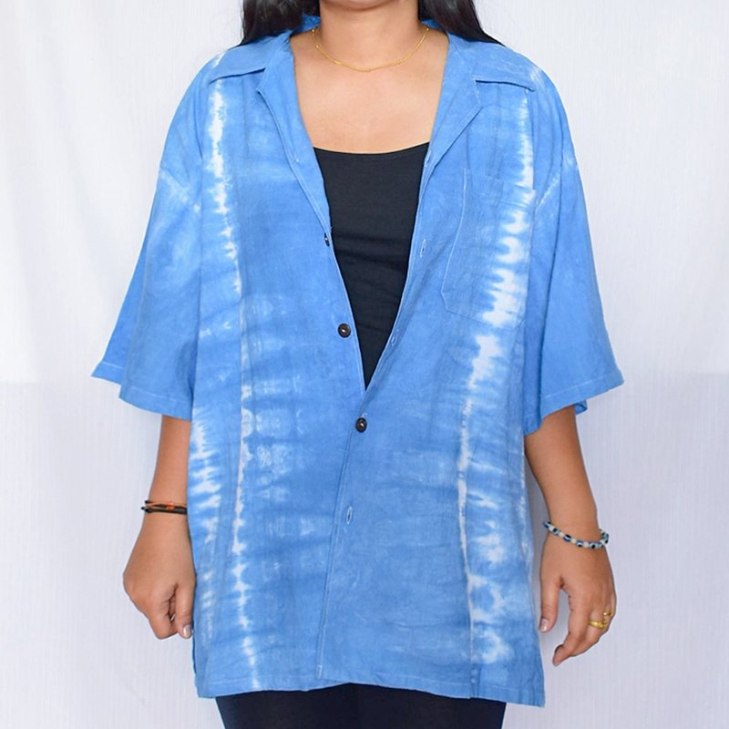 Indigo Shirt Short Sleeve Oversize - HOMRAK - 男装衬衫 - 棉．麻 