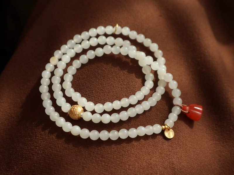 天然新疆羊脂玉和田玉多圈手链柔光工艺搭配南红莲蓬 好运连连5mm - 手链/手环 - 玉石 