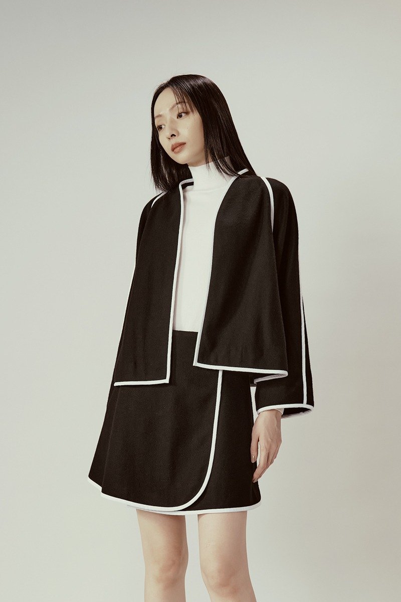 黑色短版滚白边外套 - 女装休闲/机能外套 - 羊毛 黑色