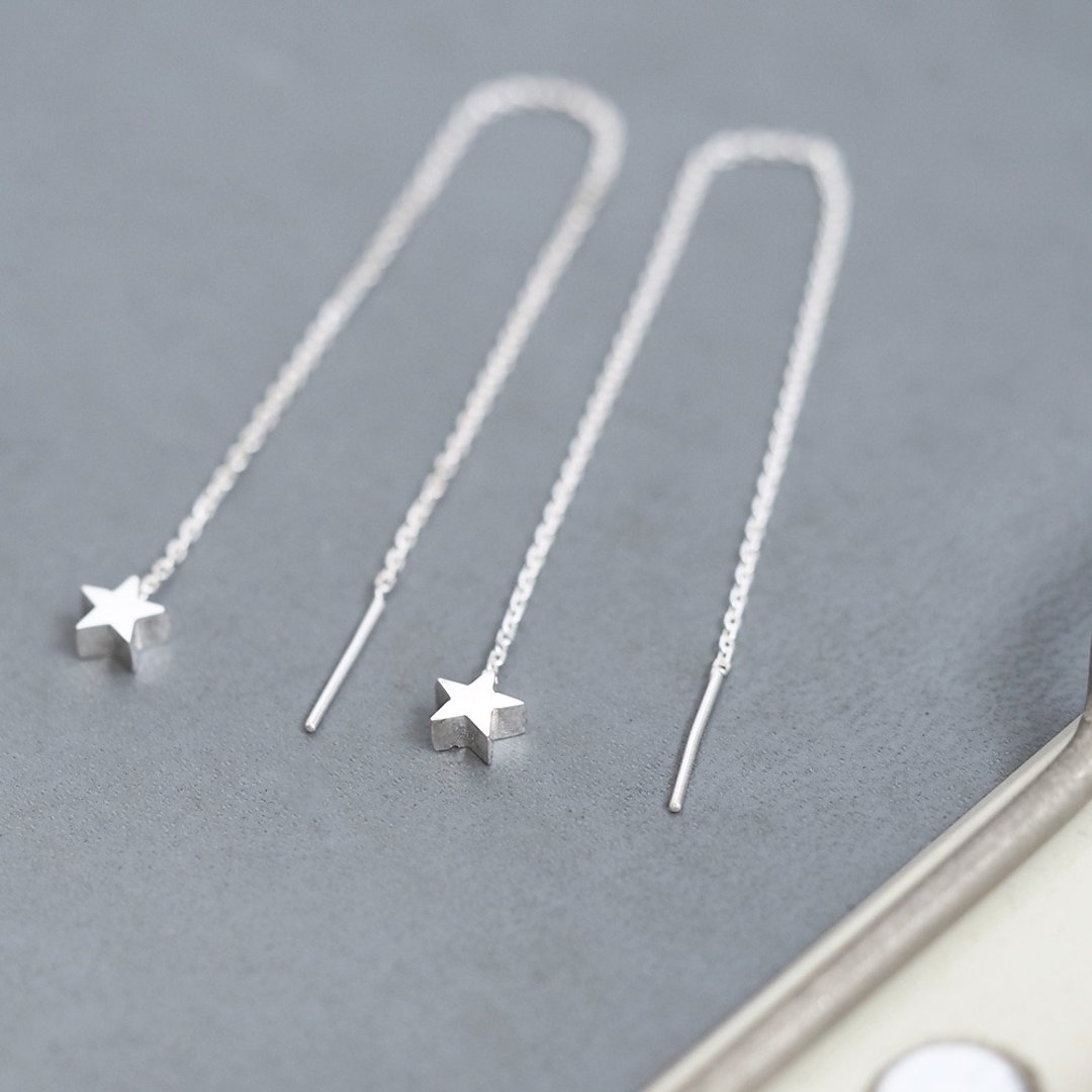 Micro tiny star chain earrings Silver 925 - 耳环/耳夹 - 其他金属 银色