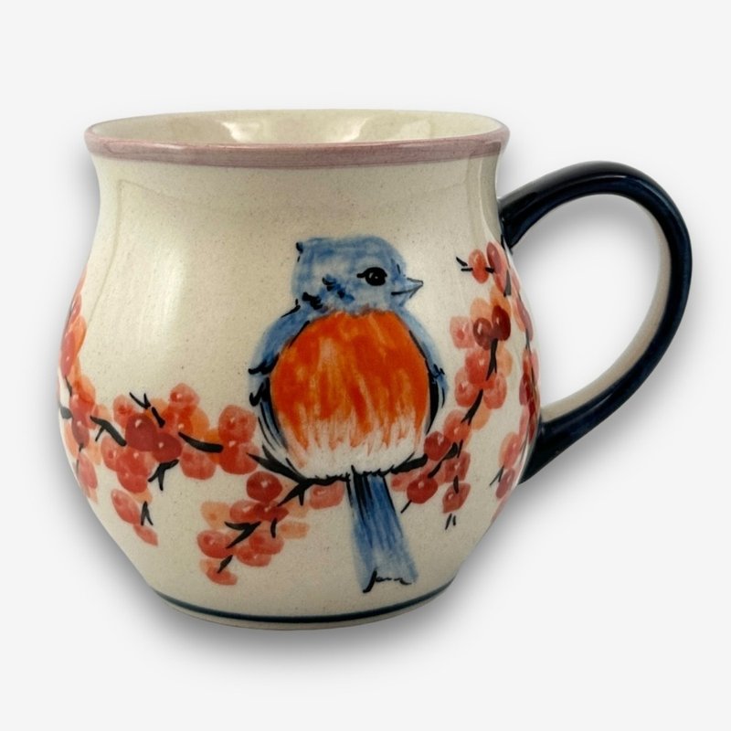 波兰手绘手工陶-胖胖杯 350ml 梅谷蓝雀系列 设计师款 - 其他杯子 - 陶 红色