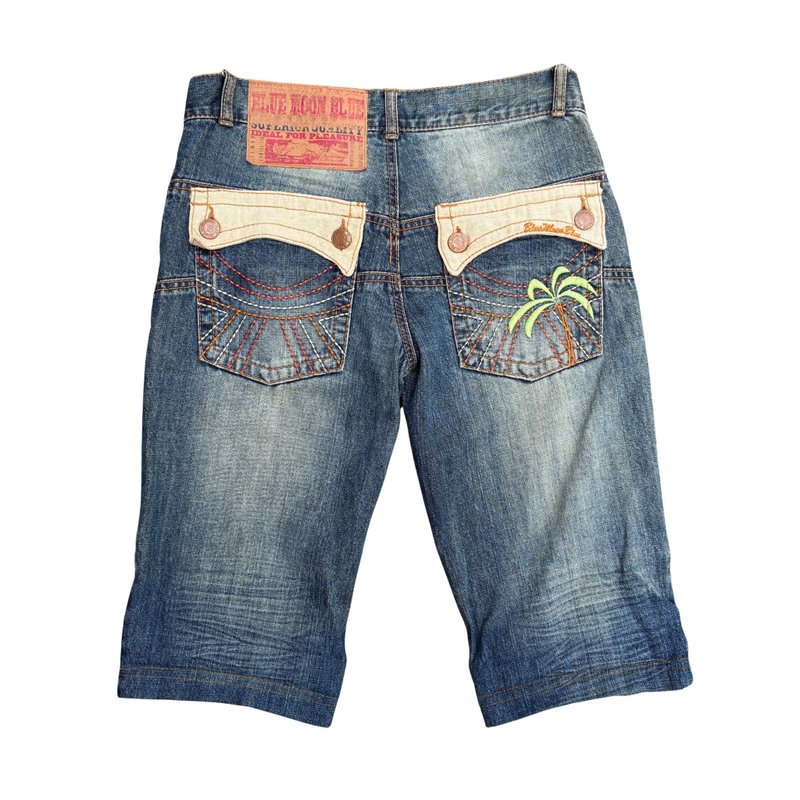 复古 Blue Moon Blue 海滩日落刺绣牛仔短裤 - 男士短裤 - 棉．麻 蓝色