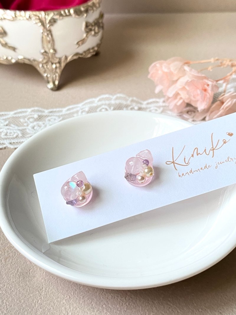 【玫瑰金不锈钢耳针】天然石月光宝盒造型耳环・粉嫩晶透天然石设 - 耳环/耳夹 - 水晶 粉红色