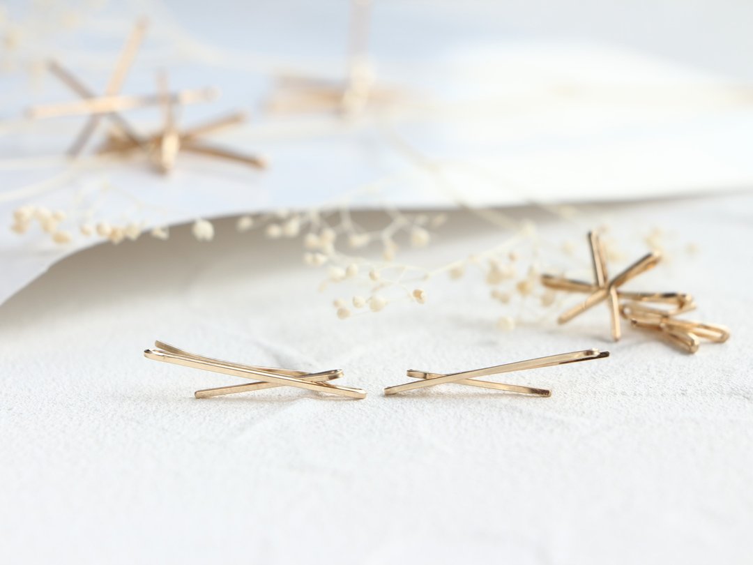 14kgf-2way(pierced earrings/clip-on) W bar line - 耳环/耳夹 - 宝石 金色