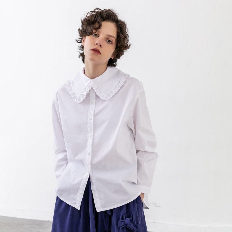 60 支精梳棉 荷叶领领白衬衫 复古款荷叶领设计 #613 - 女装 T 恤 - 棉．麻 白色