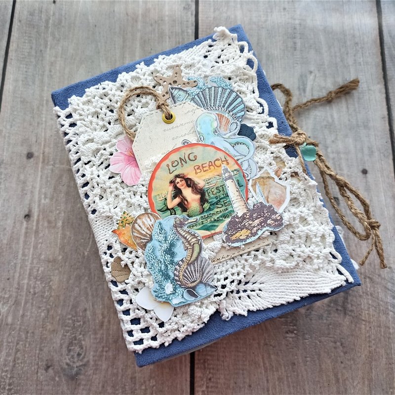 Large mermaid junk journal handmade Thick ocean lace junk book homemade notebook - 笔记本/手帐 - 纸 蓝色