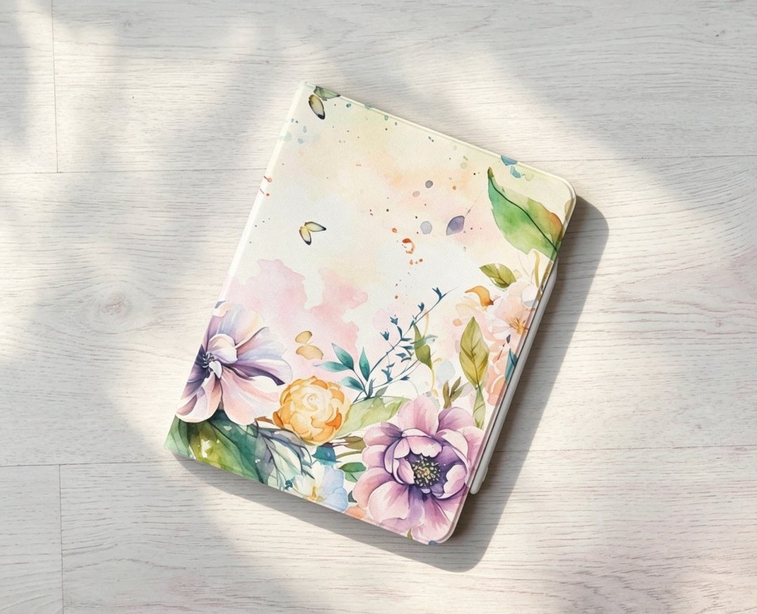 水彩花朵风格侘寂风 iPad 笔槽翻盖式保护套 Air 7 mini 7 Pro 13 - 平板/电脑保护壳 - 塑料 多色