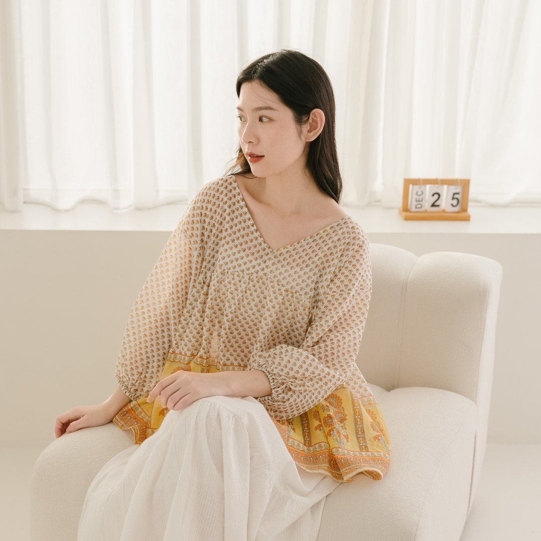 设计款 上衣 Joy V领 七分袖 女装上衣 花草黄 台湾手作 - 女装上衣 - 棉 黄色