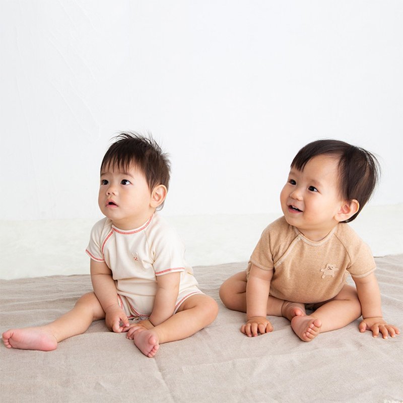 Y-1353 100% Organic Cotton Cut and Sewn Short Sleeve Rompers Natural Brown 60cm 70cm 2 Sizes Made in Japan - 包屁衣/连体衣 - 棉．麻 白色