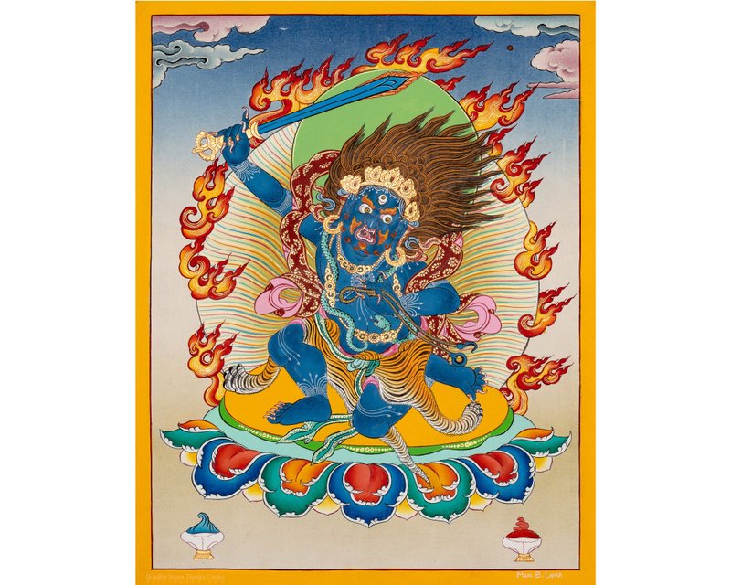 二臂大黑天西藏唐卡艺术 | 佛教修持用 - 墙贴/壁贴 - 其他金属 多色