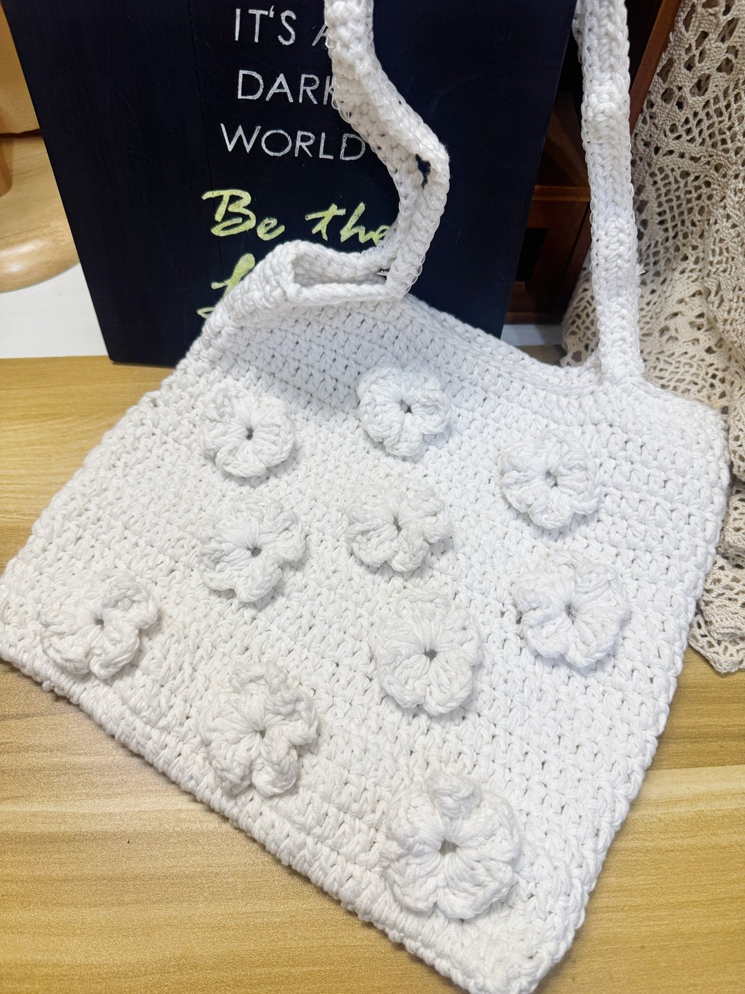 MUMU 纯白立体花花托特包 肩背包 钩织 HANDMADE - 侧背包/斜挎包 - 棉 白色