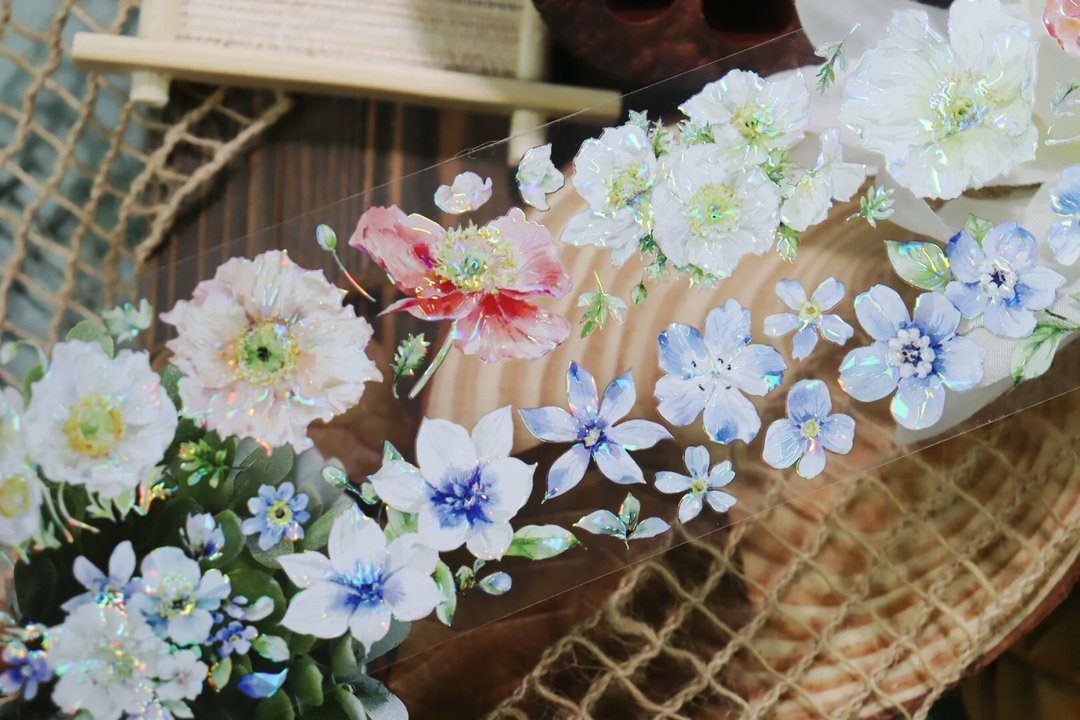 花团锦簇 けし 小花卉 PET 紙膠帶 貝殼光 10米卷 - 纸胶带 - 其他材质 多色