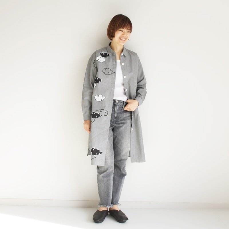 Long shirt gingham check black cloud - 女装衬衫 - 棉．麻 灰色