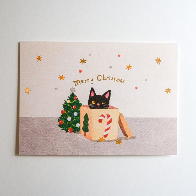 烫金明信片 merry christmas 圣诞礼物和的小黑猫 圣诞卡 - 卡片/明信片 - 纸 