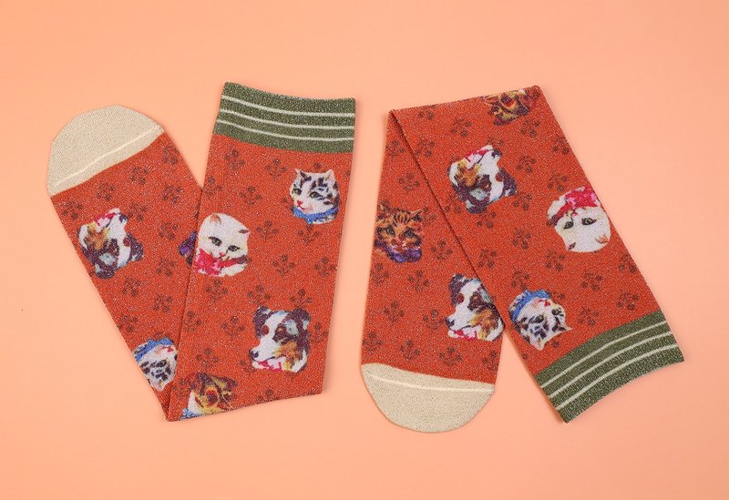 NoMatch不合设计猫狗复古宫廷红色印花银丝袜中筒薄款袜 - 袜子 - 聚酯纤维 红色