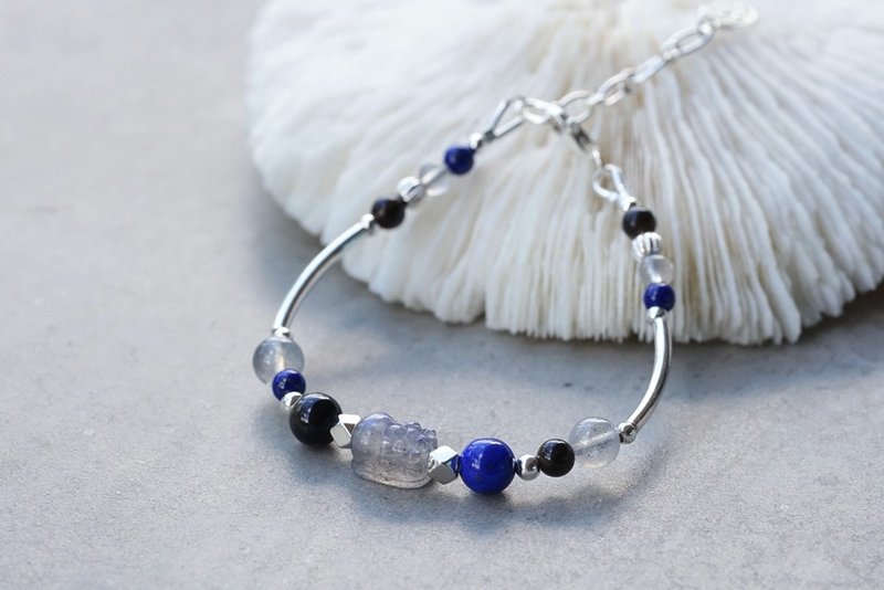 守护 - 拉长石貔貅 金曜石 青金石 拉长石 925纯银手链 - 手链/手环 - 半宝石 蓝色