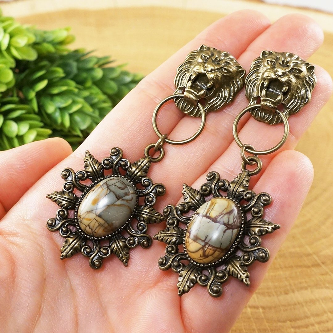 Lion Head Olive Beige Gray Picasso Jasper Leo Large Long Bronze Earrings Jewelry - 耳环/耳夹 - 半宝石 卡其色