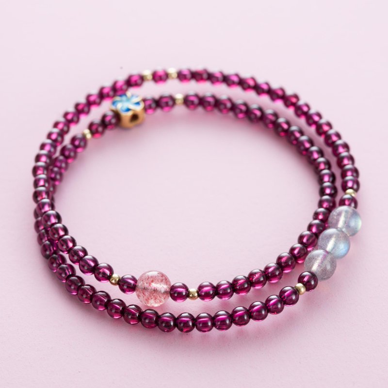 石榴石紫牙乌手链 | 草莓晶14K包金双圈景泰蓝天然水晶 | 石榴红 - 手链/手环 - 水晶 红色