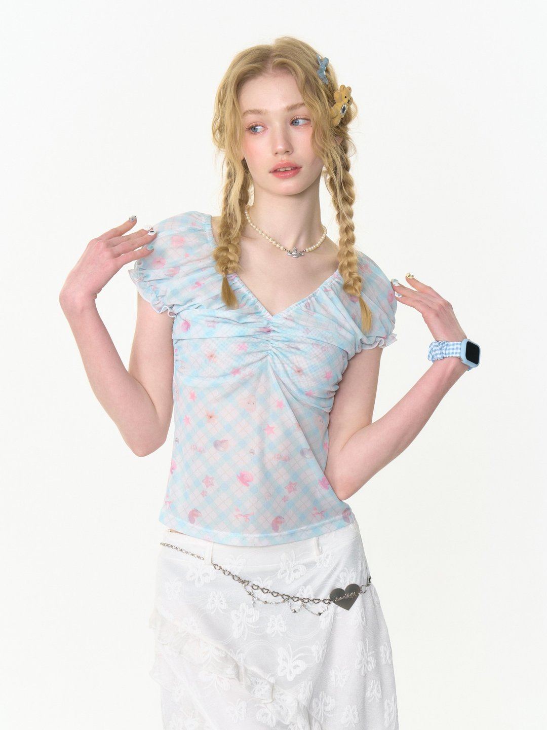 ziziFei夏季新款美式复古设计感蓝色格子修身上衣大V领短袖t恤女 - 女装 T 恤 - 其他材质 蓝色