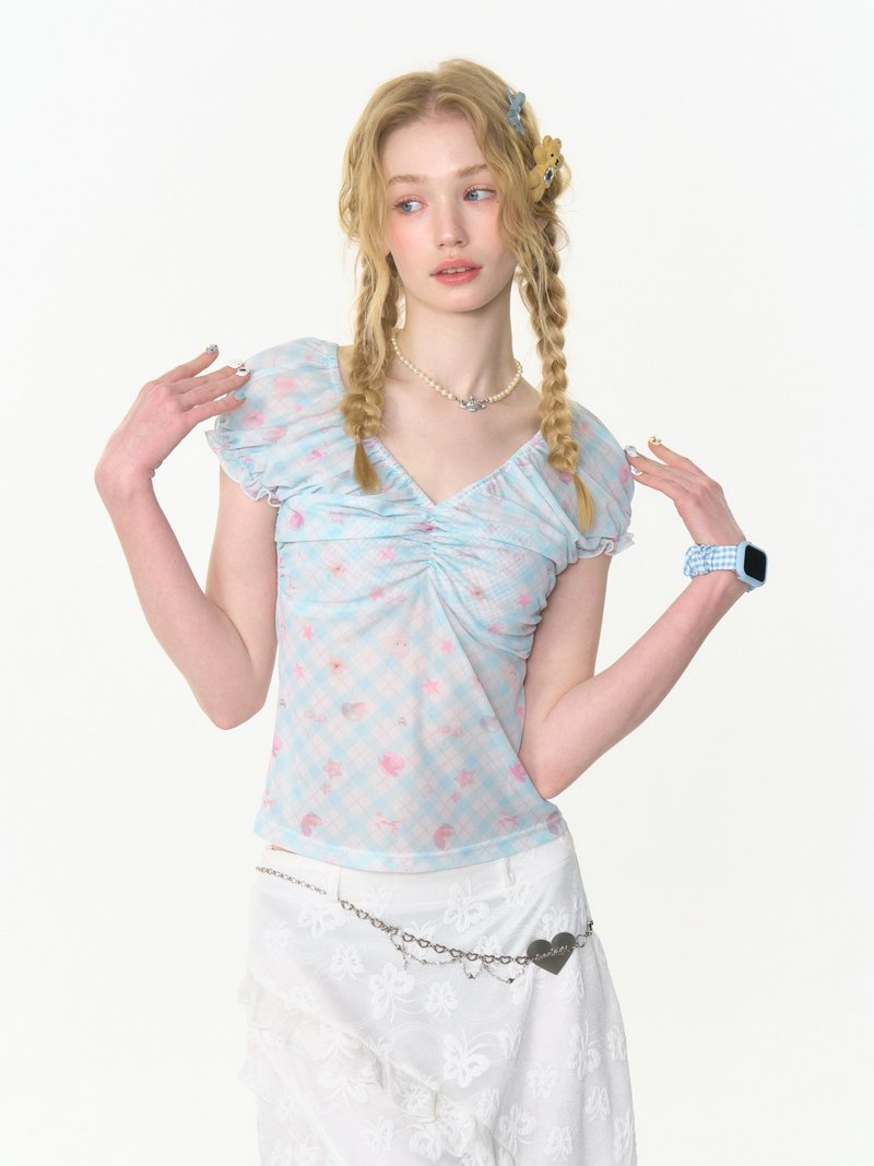 ziziFei夏季新款美式复古设计感蓝色格子修身上衣大V领短袖t恤女 - 女装 T 恤 - 其他材质 蓝色