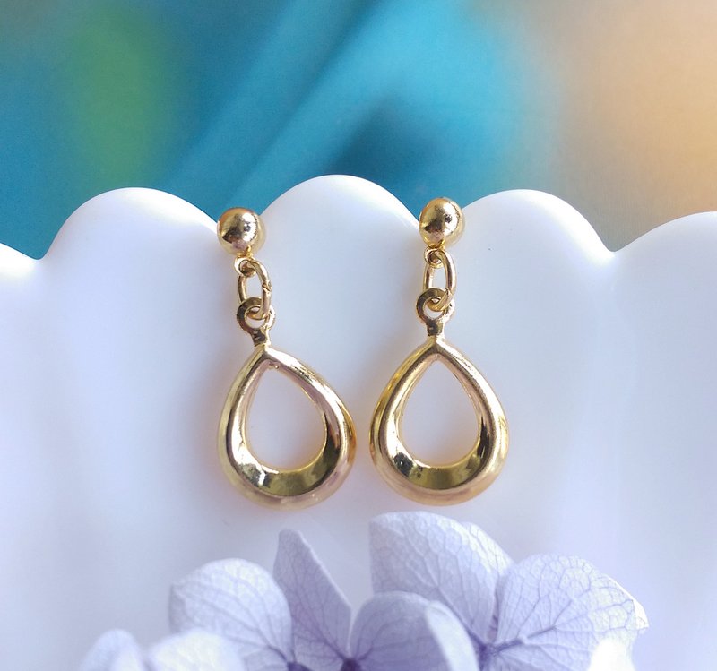 Vintage Jewelry 西洋古董饰品 金色调 小巧水滴状 针式耳环 - 耳环/耳夹 - 其他金属 透明