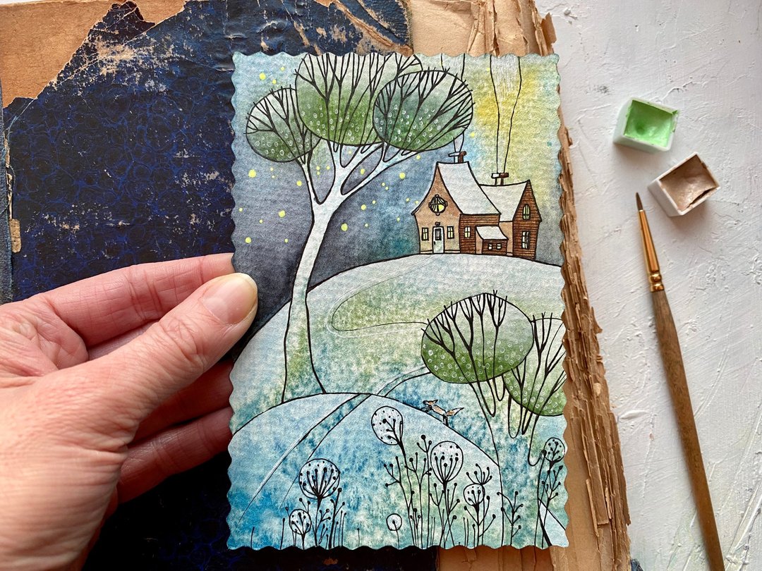 House painting Landscape Original art Miniature artwork Mini art by Rubinova - 海报/装饰画/版画 - 纸 多色