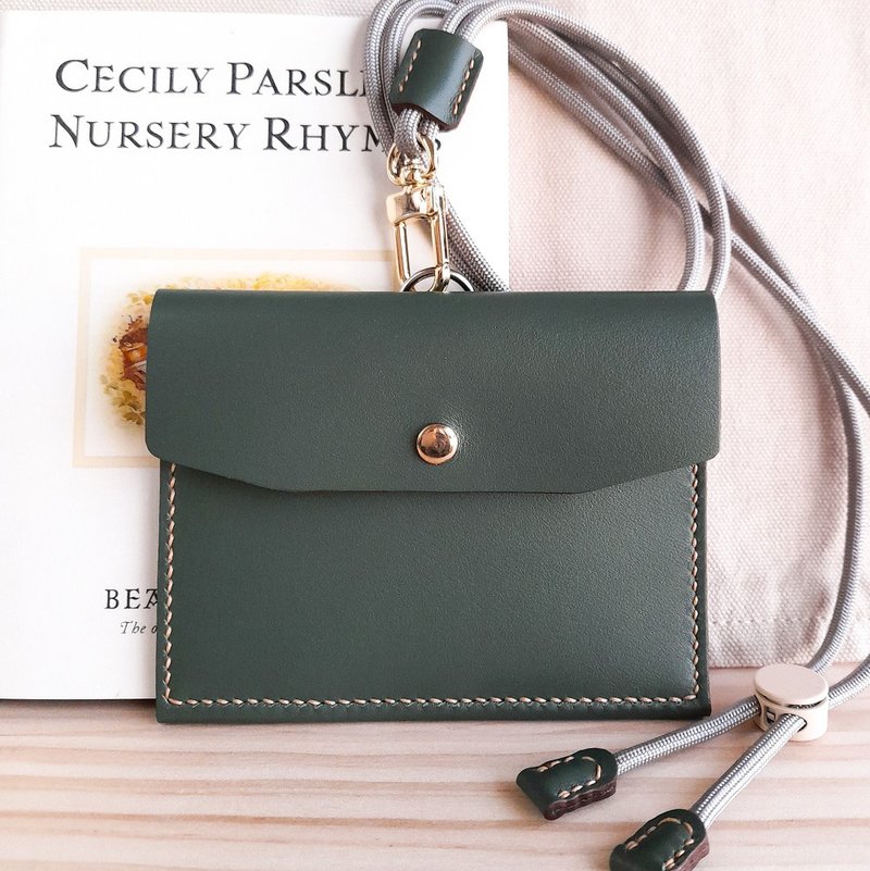 颈挂式名片夹/零钱包/小皮夹/真皮/手工制作/橄榄绿-附可调颈绳 - 名片夹/名片盒 - 真皮 